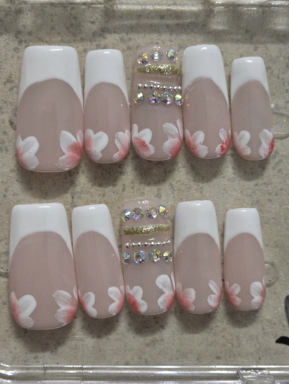 Elegant French Tip Press-On Nails with Floral Accent, Medium Length Square Shape
